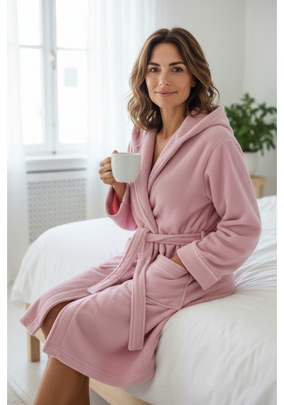 % 100 Pamuklu Laodikeia Kapşonlu Unisex Kadın Erkek Bornoz Pembe