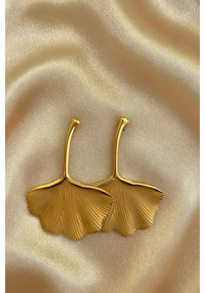 Şehrazat Handmade Gold Çelik Yaprak Gingko Küpe Gümüş