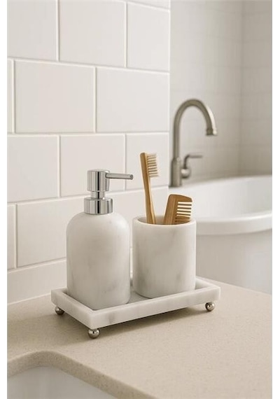 Akayev Mermer Beyaz 3 Parça Gümüş Ayak Banyo Seti Mutfak Sıvı Sabunluk Seti Beyaz