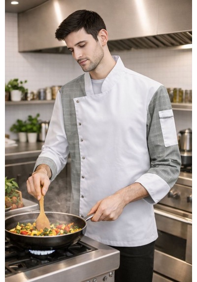 Chef Ceketi Profesyonel Aşçı Üniforması, Aşçı Gömleği Aşçı Forması Nakış Hediyeli Gri