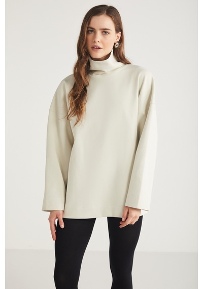 ETHIQUET HERMIONE Kadın %100 Organik Pamuklu Boğazlı Yaka Flare Kol Açık Bej Sweatshirt
