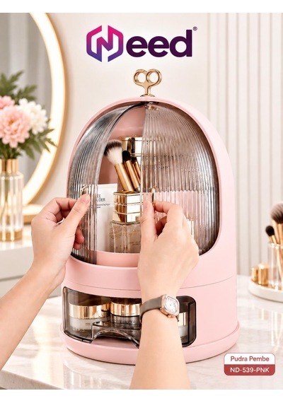 Need Oval Çift Kapaklı Çekmeceli Makyaj Ve Kozmetik Organizeri Pudra Pembe Nd-539-pnk