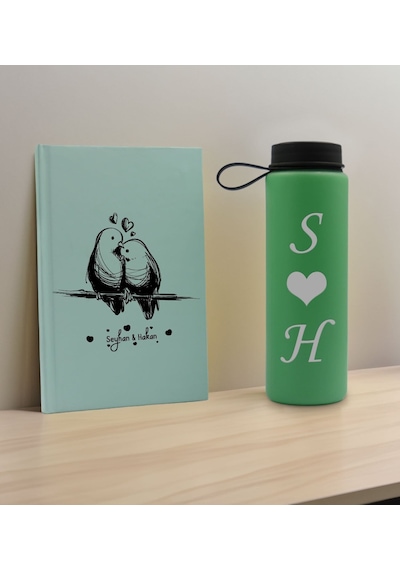 Bk Gift Sevgiliye Özel İsimli Su Yeşili Defter Ve Yeşil Cam Matara Hediye Seti-4, Sevgiliye Hediye, Sevgililer Günü, Yeni İş Hediyesi