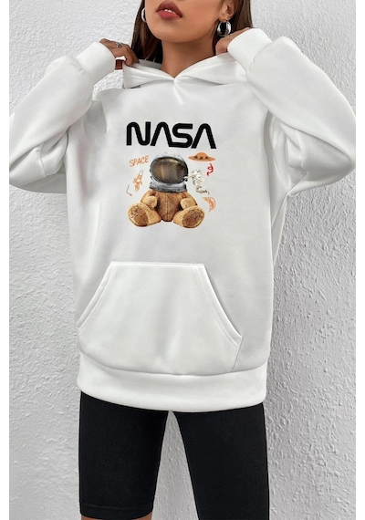 Uyguntarz Unisex Nasa Bear Baskılı Sweatshirt beyaz