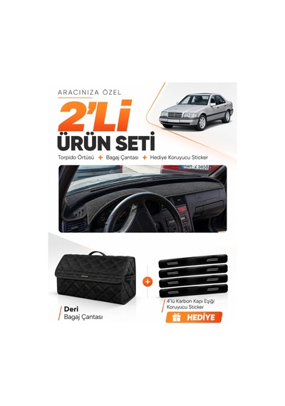 Mercedes W202 C-class 1993-2000 Uyumlu Torpido Örtüsü + Deri Bagaj Çantası + Sticker Seti - Siyah