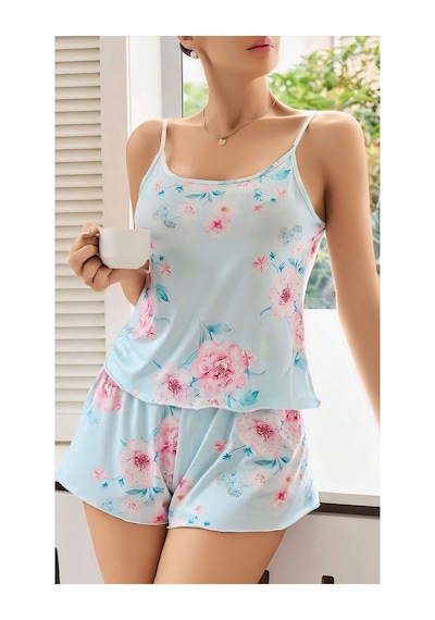Kadın Bebek Mavisi Çiçek Desenli Askılı Şortlu Pijama Takım 5011