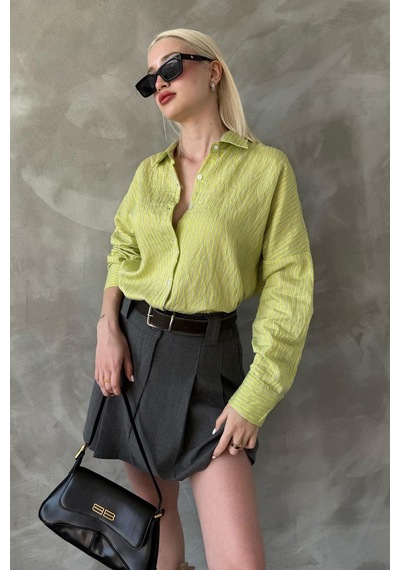 Madmext Sarı Çizgili Oversize Kadın Gömlek Mg2327 Sarı