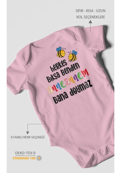 Herkes Bıksa Benden Anneannem Bana Doymaz Baskılı Bebek Zıbını %100 Pamuk Kısa Kol Koyu Pembe