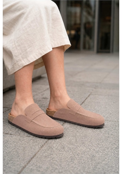 DMR Elegance Luvra Bağcıksız Hakiki Süet Deri Kadın Günlük Mantar Taban Loafer Klasik Ayakkabı Hdmt - Bej