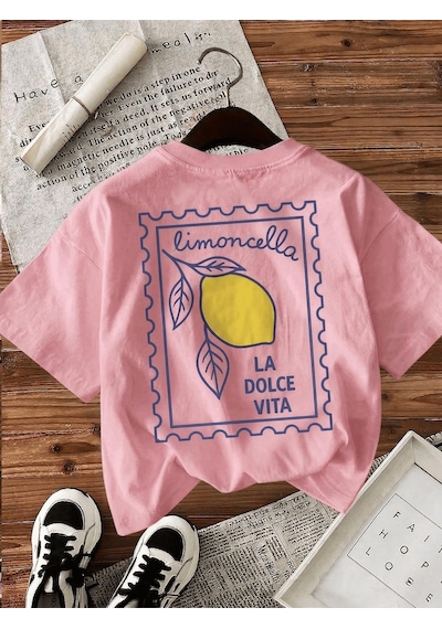 Limoncella "la Dolce Vita" Baskılı Oversize Pamuklu Kadın T-shirt Pembe