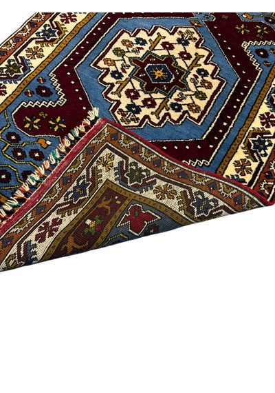 El Dokuma Koleksiyonluk Sıfır Yahyalı Halısı 93x157 Mavi Kırmızı Kök Boya %100 Yün Halı