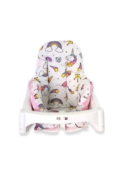 Bebek Özel%100 Pamuklu Mama Sandalyesi Minderi, Unicorn Yıldızlı, Pembe Beyaz, Çift Taraflı