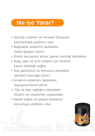 Cutepet Multivit Kedi Vitamin Ve Mineral Tableti 60 Adet Günlük Bağışıklık Ve Enerji Takviyesi