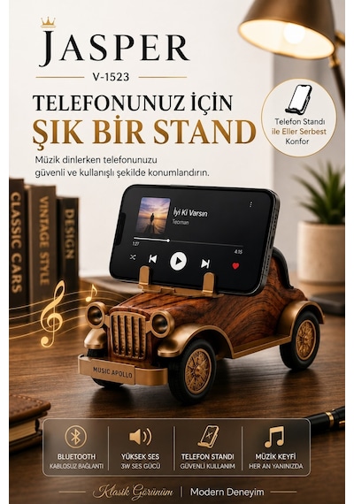 Jasper Jpr-1523 Dekoratif Bluetooth Hoparlör Telefon Standı Retro Klasik Araba Tasarım 3w 1200 Mah