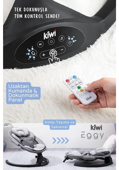 Kiwi Eggy Plus Elektrikli Otomatik Sallanan Bebek Ana Kucağı, 5 Farklı Sallanma Hızı, Oyuncaklı, Açık Gri