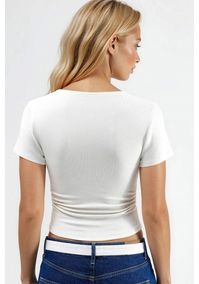 Hiccup Drape Detaylı Fitted Esnek Örme Bluz Beyaz