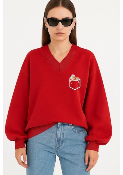 Benroma Cep Papatya Baskılı Ünisex V Yaka Sweatshirt Kırmızı