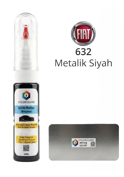 Colorguard Fıat 632 Metalik Siyah İğneli Ve Fırçalı Özel Tasarım Şişe Rötuş Boyası Ve Profesyonel Rötuş Çeliği Seti