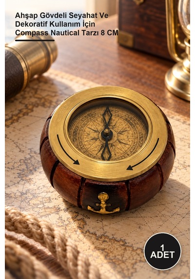1 Adet Pirinç Pusula Ahşap Gövdeli Seyahat Ve Dekoratif Kullanım İçin Compass Nautical Tarzı 8 Cm