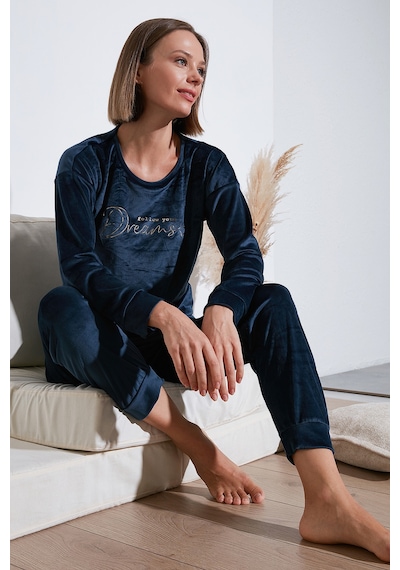 Lela Standart Fit Bisiklet Yaka Yumuşak Kadife Bayan Pijama Takımı 6094202 Lacivert