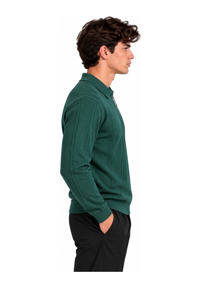 Erkek Fitilli Polo Yaka Fermuarlı Örme Triko Kazak 27151 Koyu Yeşil-aw17