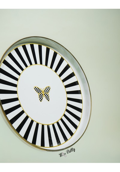 Papillon Emaye Çay Tepsisi Dekoratif Vintage Servis Tepsisi Siyah - Beyaz