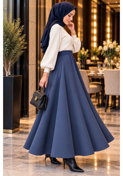 Esra Butik78 Scuba Kumaş Uzun Kloş Etek Siyah&lacivert-100 Cm