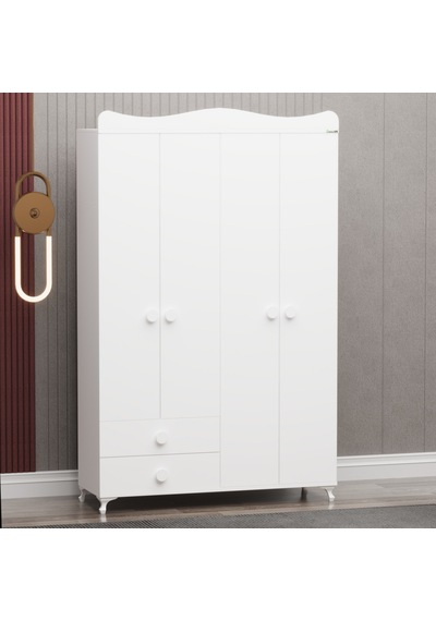 Elegant Beşik Ve Yıldız 4 Kapaklı Dolap - Beyaz Beyaz