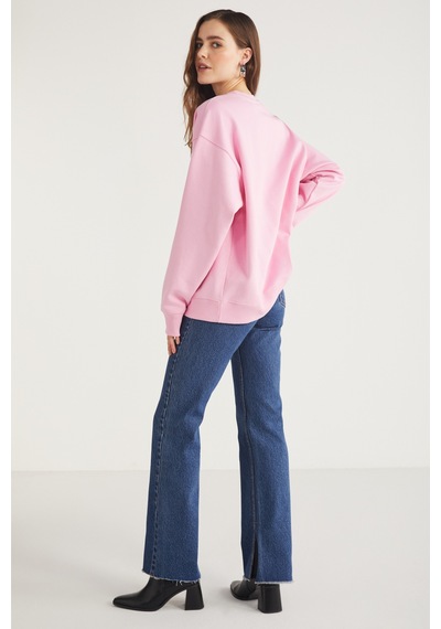 Ethıquet Karıus Kadın Regular Fit %100 Organik Pamuklu İçi Polarsız Yuvarlak Yaka Pembe Sweatshirt Mavi