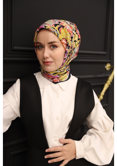 Silk Home Olinda İpek Eşarp 47002-31 Koyu Lacivert, Yağ Yeşili, Beyaz, Turuncu