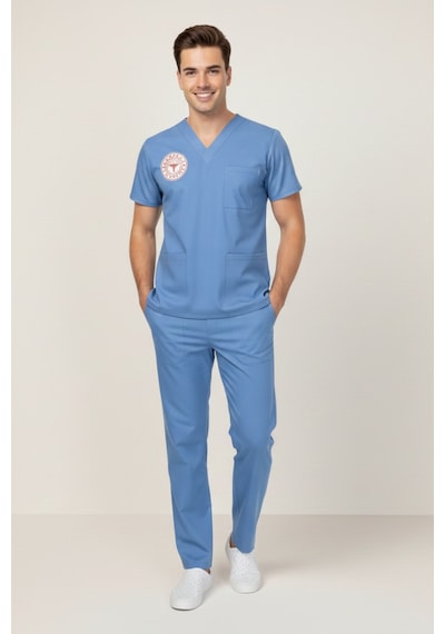 Unisex Alaska Mavisi Doktor Hekim Scrubs Takım Sağlık Bakanlığı Yeni Yönetmeliğe Uygun Mavi Açık