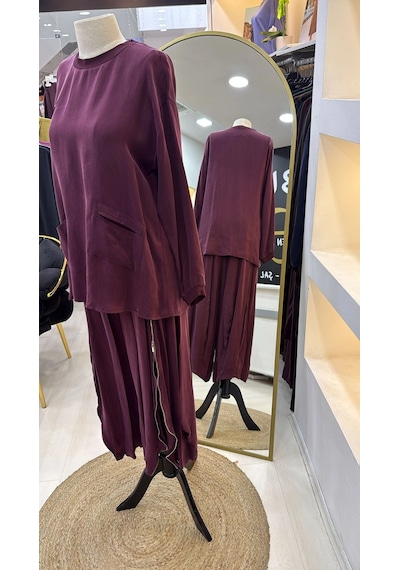 Misswhence İçi Pantolonlu Cupra İpek Tunik Şalvar Takım 39004 Bordo Bordo