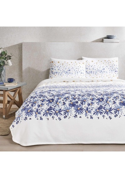 Taç Baskılı Flora Tek Kişilik Pike Takımı Mavi