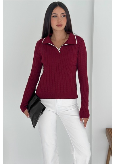 Femelle Kadın Bordo Polo Yaka Standart Beden Triko Bluz