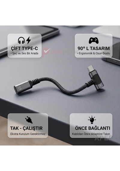 Tr Type-c Kulaklık Ve Şarj Dönüştürücü L Tipi Çoğaltıcı Kablo Örgülü 3.5mm Ses Ve Güç Adaptörü Cn03