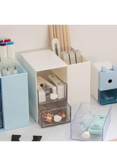 Masaüstü Kalemlik Organizer 7 Bölmeli Kawaii Kapaklı Mini Çekmeceli Kalemlik - Beyaz Beyaz