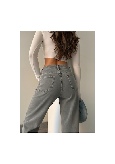 Blue Marlın Yüksek Bel Tam Kalıp Paça Kesik Boru Paça Jeans Kar Siyah