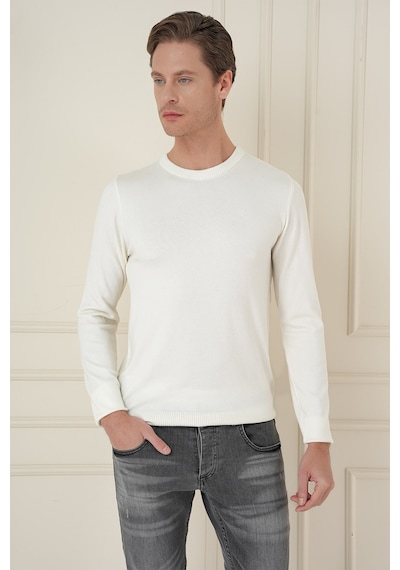 Slim Fit Ribanalı Düz Ekru Yünlü Bisiklet Yaka Triko Kazak Tr 900