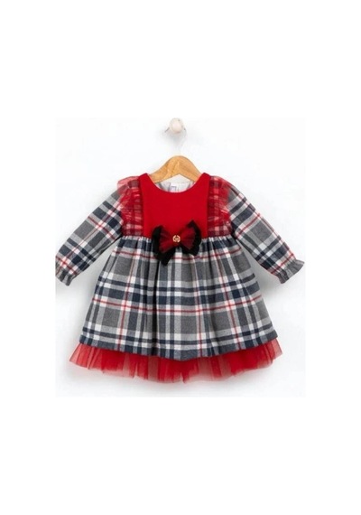 Cantoy Kız Bebek Ekose Desenli Kırmızı Tasarım Elbise-15219 Kırmızı