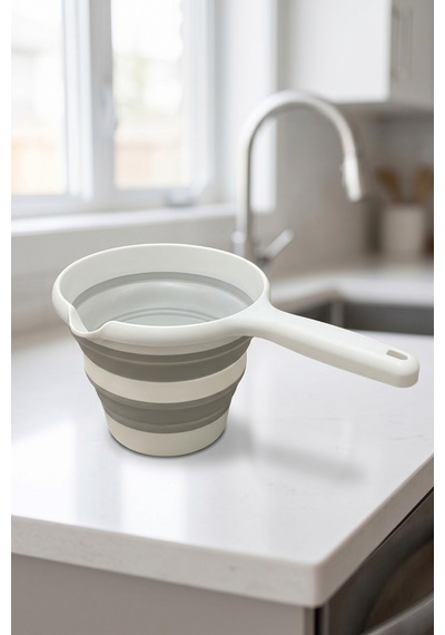 Katlanır Silikon Maşrapa 1 Litre Yer Kaplamayan Akıtma Ağızlı Banyo Mutfak Hamam Su Tası Açık Gri