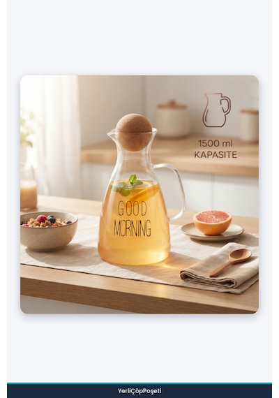 Yuvarlak Mantar Kapaklı Sürahi - 1,5 L - Cam