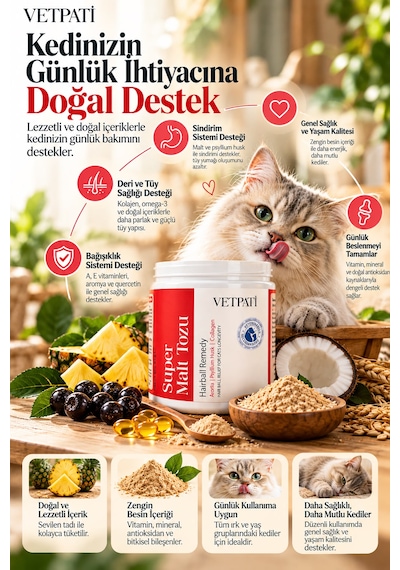 Vetpati Super Malt Tozu Kedi Maltı Psyllium Kollajen Omega 3 Taurin Tüy Yumağı Ve Sindirim Desteği