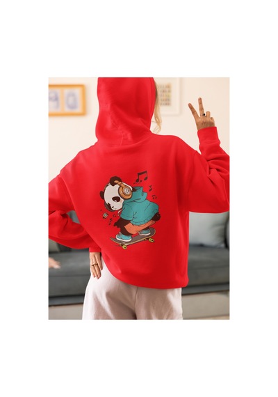 Stil X Sevimli Pandalar Baskılı Kadın Sweatshirt Kırmızı