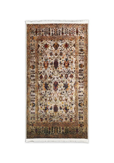 Bej Vintage Halı Etnik Desen Saçaklı Bambu Kumaş Salon Halısı