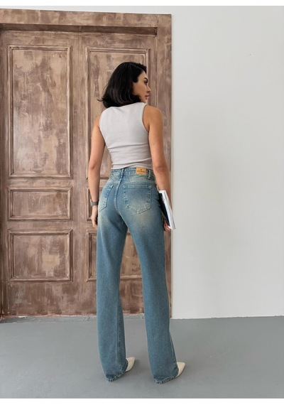 Kadın Straight Yüksek Bel Boru Paça Kot Pantolon Mavi Tint Mavi+tint