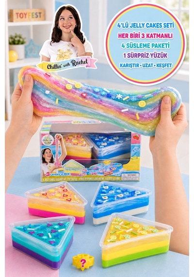 Jelly Cakes 4'lü Paket Seti Squishy 3 Katmanlı Sıkmalık Sürpriz Yüzüklü Pasta Dilimli Duyusal Slime Çok  Renkli