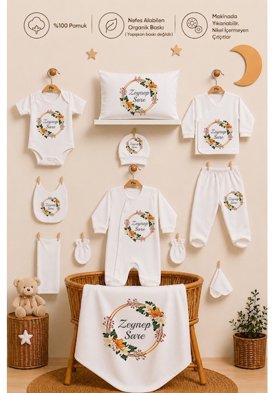 Pia Baby Kız Bebek Yeni Doğan Hastane Çıkışı 11 Parça İsimli %100 Pamuk Organik Baskılı Set 1118110x Ekru