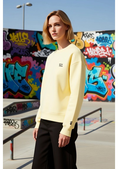 Benerly Kadın Bisiklet Yaka Düşük Kol Nakışlı Örme Sweatshirt Fonksiyonel Açık Sarı