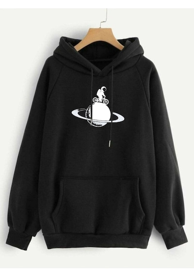 Relax&Basic 2 Iplik Iç Pamuklu Tam Kalıp Baskılı Hoodie Siyah Siyah