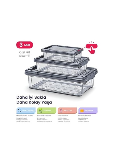 Hobby Life Elite 3 Lü Kilitli Saklama Seti 3l+1.5l+0.85l İç İçe Geçen Yer Tasarruflu, Şeffaf Antrasit Premium Gıda Kabı